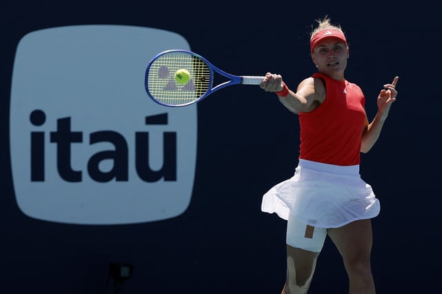 Mar 18, 2025; Miami, FL, USA; Yulia Starodubtseva (UKR) hits a forehand against Naomi Osaka (JPN)(not pictured) on day one of the Miami Open at Hard Rock Stadium. Mandatory Credit: Geoff Burke-Imagn Images