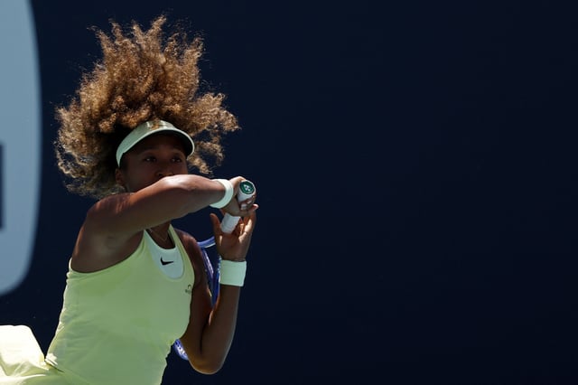 Mar 18, 2025; Miami, FL, USA; Naomi Osaka (JPN) hits a forehand against Yulia Starodubtseva (UKR) (not pictured) on day one of the Miami Open at Hard Rock Stadium. Mandatory Credit: Geoff Burke-Imagn Images