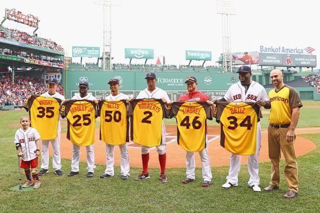 Steven Wright #35 of the Boston Red Sox, Jackie Bradley Jr. #25, Mookie Betts #50, Xander Bogaerts #2, Craig Kimbrel #46, and David Ortiz #34 are presented with their All Star Game jerseys before their game against the Tampa Bay Rays at Fenway Park on July 10, 2016 in Boston, Massachusetts.