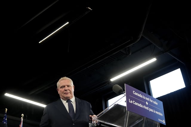 Ontario Premier Doug Ford speaks to members of the media at the Queen's Park Legislature in Toronto on March 10, 2025.