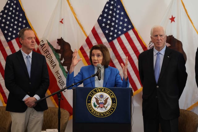 From left: Sen. Adam Schiff and Reps. Nancy Pelosi and Mike Thompson speak outside UCSF in San Francisco on March 18, 2025.
