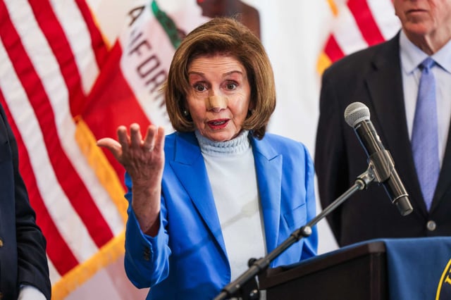 Speaker Emerita Nancy Pelosi speaks at a press conference about potential Medicaid cuts at UCSF in San Francisco on March 18, 2025.