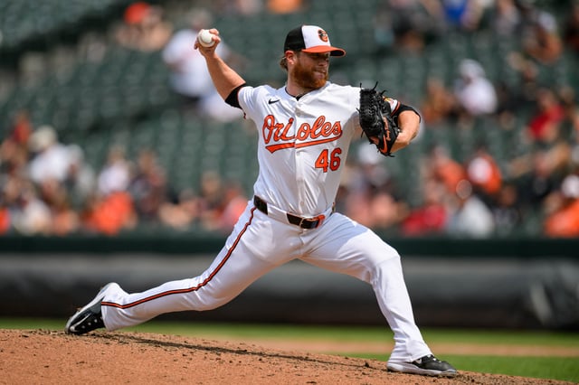 Jul 31, 2024; Baltimore, Maryland, USA; Baltimore Orioles pitcher Craig Kimbrel (46) throws against the Toronto Blue Jays during the eighth inning at Oriole Park at Camden Yards. Mandatory Credit: Reggie Hildred-USA TODAY Sports