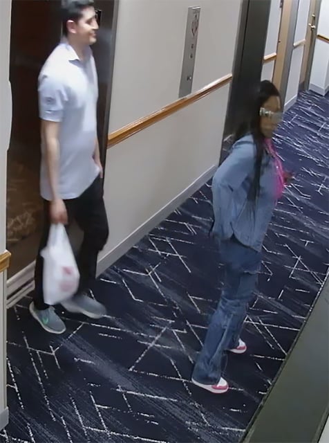 A hotel surveillance photo shows Danette Colbert and Telemundo Kansas City reporter Adan Manzano, just hours before he was found dead in his New Orleans-area hotel room on February 5.