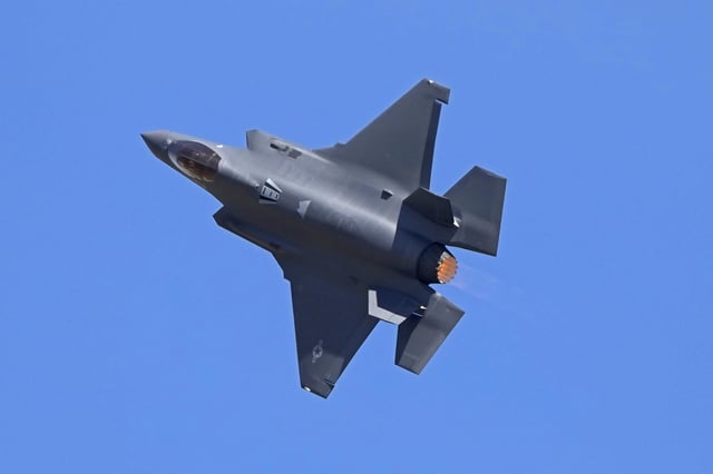 FILE - U.S. Air Force fighter aircraft F-35 performs aerobatic maneuvers on the third day of the Aero India 2025, a biennial event, at Yelahanka air base in Bengaluru, India, Wednesday, Feb. 12, 2025. (AP Photo/Aijaz Rahi, File)