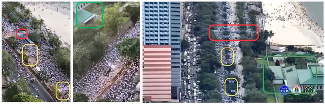 Screenshot comparison of the Weibo post (left, centre) and footage from the Manila Public Information Office (right) with similarities highlighted by AFP