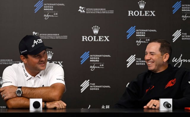 Patrick Reed (left) and Sergio Garcia speak at Macau Golf and Country Club on Wednesday. Photo: Asian Tour