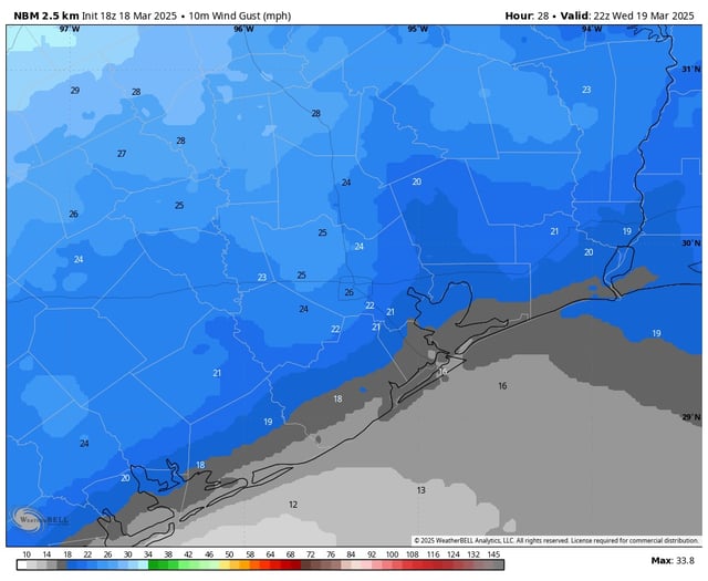 The highest wind gusts Wednesday afternoon across Southeast Texas, according to the National Blend of Models, will be found away from the coast, with Houston likely seeing wind gusts between 20 and 30 mph.