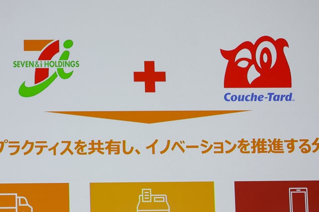 A screen displays logos of Couche-Tard and Seven & i Holdings on the day of a press conference, in Tokyo, Japan, March 13, 2025.  REUTERS/Kim Kyung-Hoon/File Photo