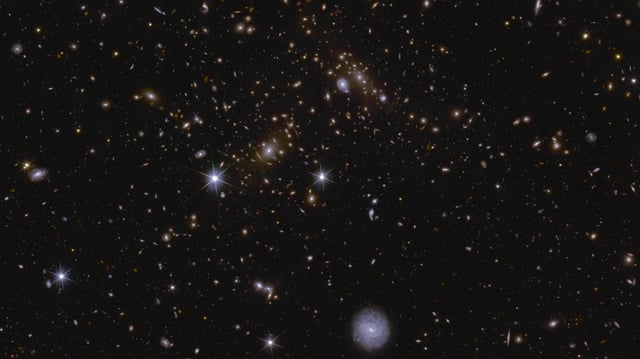 Image shows an area of a patch of sky called the Deep Field South observed by the Euclid space telescope, in this handout released by the European Space Agency on March 19, 2025. Various huge galaxy clusters are visible in this image, as well as intra-cluster light and gravitational lenses. The cluster near the center is called J041110.98-481939.3, and is located almost 6 billion light-years away. European Space Agency(ESA)/Euclid/Euclid Consortium/NASA, image processing by J.-C. Cuillandre, E. Bertin, G. Anselmi/Handout via REUTERS