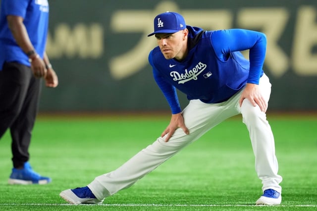 Freddie Freeman of the Dodgers stretches during the practice session at Tokyo Dome on March 14, 2025 in Tokyo, Japan. (Photo by Masterpress/Getty Images)