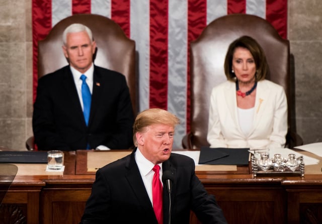 With Vice President Mike Pence and Speaker Nancy Pelosi behind him, President Donald Trump delivers his 2019 State of the Union address, in which he vowed to end HIV in the United States by 2030.