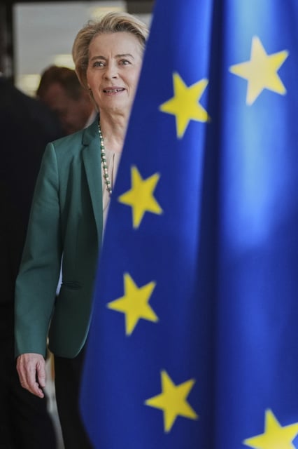 European Commission President Ursula von der Leyen arrives for the weekly College of Commissioners meeting at EU headquarters in Brussels, Wednesday, March 19, 2025. (AP Photo/Virginia Mayo)