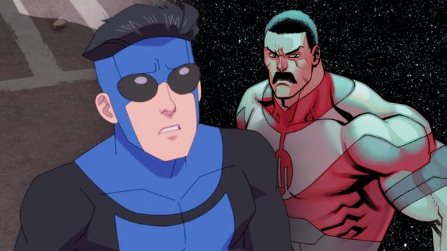 Mark in his blue suit in Invincible Season 3 and Thragg in the comics