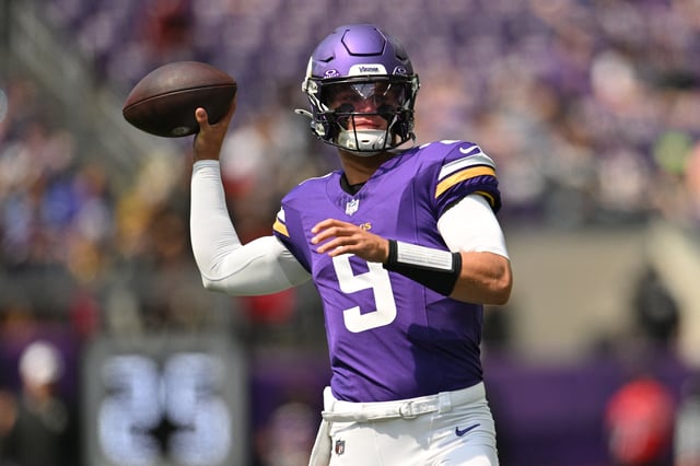 Aug 10, 2024; Minneapolis, Minnesota, USA; Minnesota Vikings quarterback J.J. McCarthy (9) warms up before the game against the Las Vegas Raiders at U.S. Bank Stadium. Mandatory Credit: Jeffrey Becker-USA TODAY Sports/File Photo