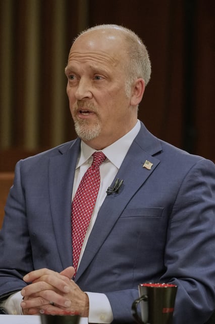 Wisconsin Supreme Court candidate Brad Schimel participates in a debate against Susan Crawford, Wednesday, March 12, 2025, in Milwaukee. (AP Photo/Morry Gash)