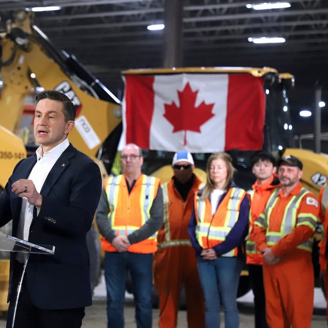 Conservative Leader Pierre Poilievre addresses the crowd at Pioneer Construction in Sudbury, Ont., on March 19.
