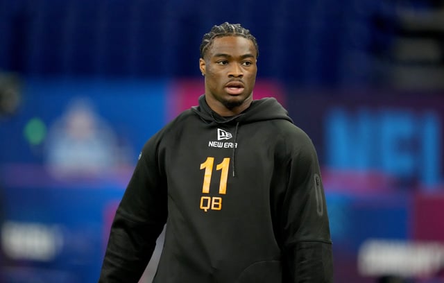 Mar 1, 2025; Indianapolis, IN, USA; Alabama quarterback Jalen Milroe (QB11) during the 2025 NFL Combine at Lucas Oil Stadium. Mandatory Credit: Kirby Lee-Imagn Images/File Photo