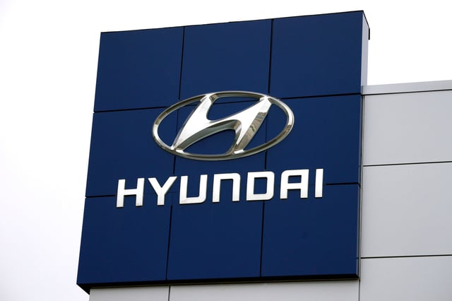The Hyundai logo is seen outside a Hyundai car dealer in Golden, Colorado, U.S.