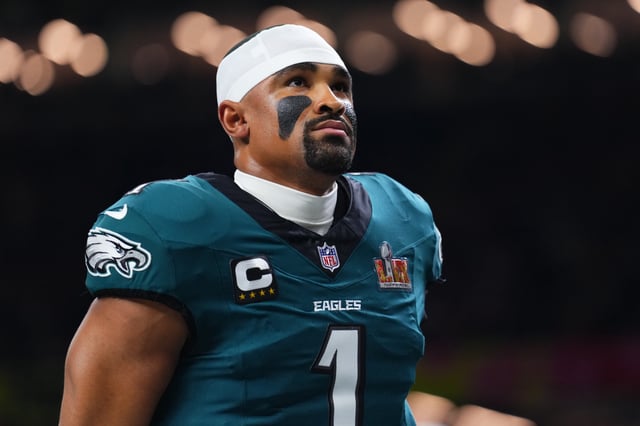 Jalen Hurts #1 of the Philadelphia Eagles walks off the field after warmups prior to Super Bowl LIX against the Kansas City Chiefs at Caesars Superdome on February 9, 2025.