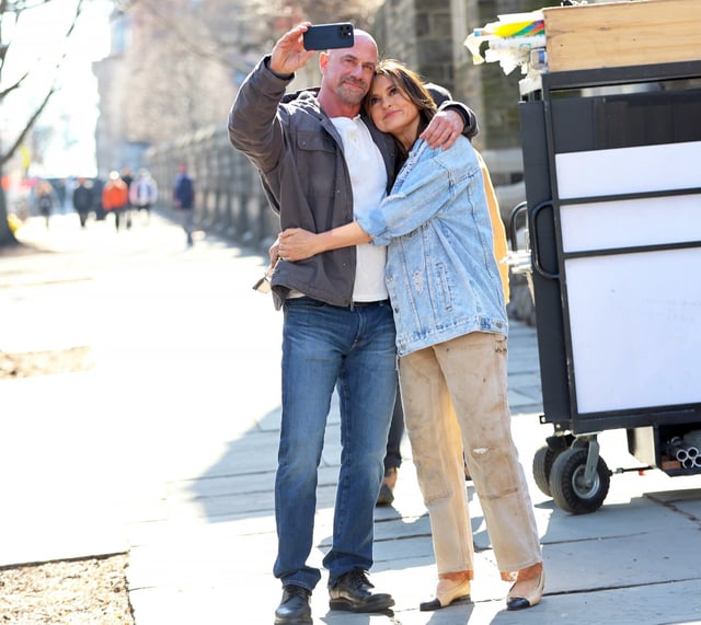 Christopher Meloni and Mariska Hargitay on the set of "Law and Order: Special Victims Unit" on March 19, 2025, in NYC.
