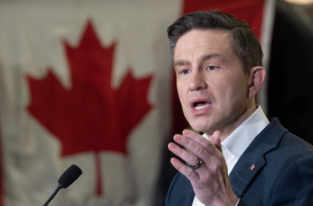 Conservative Leader Pierre Poilievre speaks during a news conference at the Ivaco rolling mill in L'Orignal, Ont., Monday, March 17, 2025.  