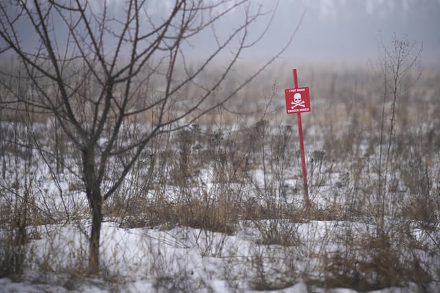 Signs warn of minefields in Avdiivka, Donetsk region, eastern Ukraine photographed on February 3, 2022.