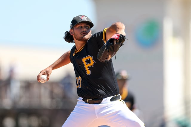 Mar 7, 2025; Bradenton, Florida, USA; Pittsburgh Pirates pitcher Jared Jones (37) throws a pitch against the Philadelphia Phillies in the first inning during spring training at LECOM Park. Mandatory Credit: Nathan Ray Seebeck-Imagn Images/File Photo