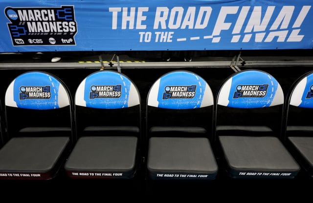March Madness signage is pictured on the bench at Amica Mutual Pavillion during Practice Day ahead of the NCAA Men&#39;s Basketball Tournament on March 19, 2025 in Providence, Rhode Island.