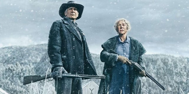 Harrison Ford as Jacob Dutton beside Helen Mirren as Cara Dutton in a winter setting on the poster for '1923' Season 2