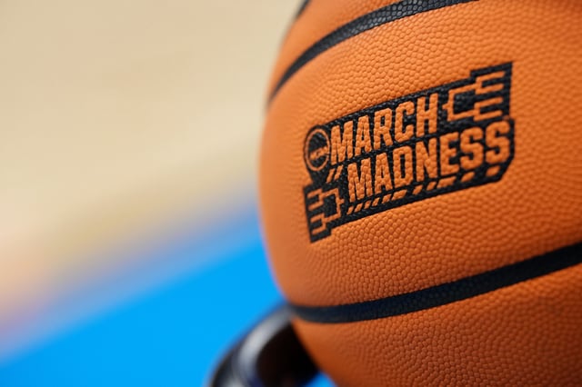 A view of the game ball during the second half between the Colorado State Rams and Virginia Cavaliers in the First Four game during the NCAA Men&#39;s Basketball Tournament at University of Dayton Arena on March 19, 2024 in Dayton, Ohio.