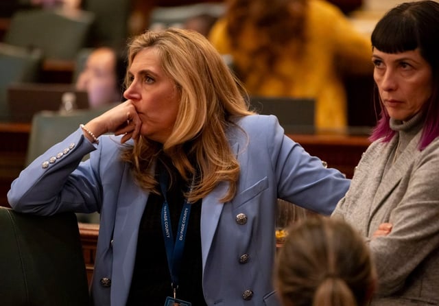 State Rep. Terra Costa Howard, left, and state Rep. Eva-Dina Delgado listen to debate on the House floor on Jan. 7, 2025, at the Illinois State Capitol in Springfield. (Brian Cassella/Chicago Tribune)