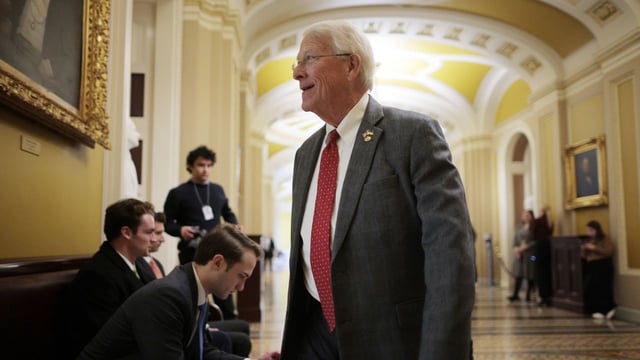 Senate Armed Services Committee Chair Roger Wicker (R-MS) arrives for a Republican luncheon at the U.S. Capitol on February 20, 2025 in Washington, DC.  (Photo by Chip Somodevilla/Getty Images)