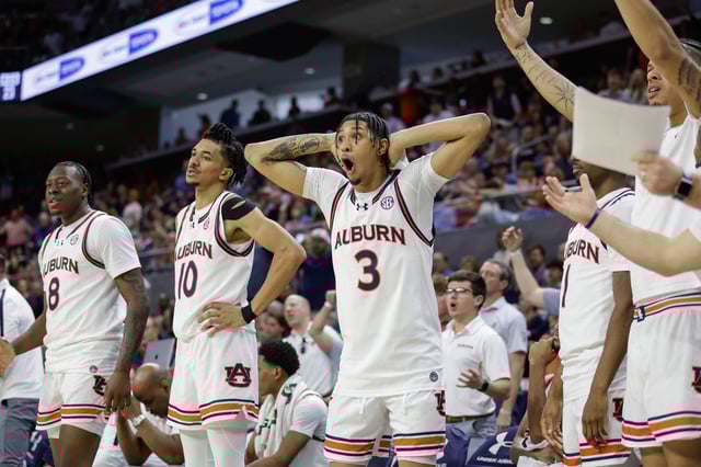 Jahki Howard #3 of the Auburn Tigers reacts to a call during the second half against the Alabama Crimson Tide at Neville Arena on March 8, 2025 in Auburn, Alabama. Here are the top five highly ranked teams that could be out of the tournament by the end of the weekend.
