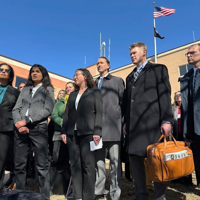 Greenpeace representatives talk with reporters on Wednesday, March 19, 2025, outside the Morton County Courthouse in Mandan, N.D. From left are Greenpeace USA Interim Executive Director Sushma Raman, Greenpeace USA Senior Legal Adviser Deepa Padmanabha, Greenpeace International General Counsel Kristin Casper, Greenpeace USA attorney Everett Jack Jr., Greenpeace Fund Inc. attorney Matt Kelly and Greenpeace USA Associate General Counsel Jay Meisel. (AP Photo/Jack Dura)