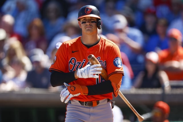 CLEARWATER, FLORIDA - MARCH 2: Coby Mayo #16 of the Baltimore Orioles walks up to the batter&#39;s box in the second inning during a spring training game against the Philadelphia Phillies at BayCare Ballpark on March 2, 2025 in Clearwater, Florida.
