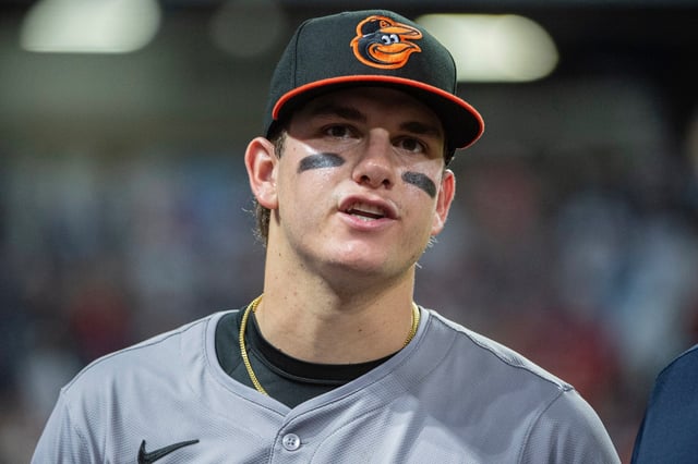 Baltimore Orioles&#39; Coby Mayo looks to the stands after a baseball game against the Cleveland Guardians in Cleveland, Friday, Aug. 2, 2024. (AP Photo/Phil Long)