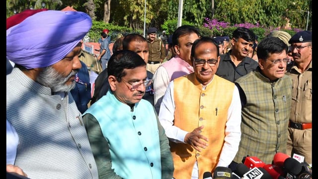 Union agriculture minister Shivraj Singh Chouhan, along with Union ministers Pralhad Joshi and Piyush Goyal, addressing mediapersons in Chandigarh on Wednesday. (Keshav Singh/HT)