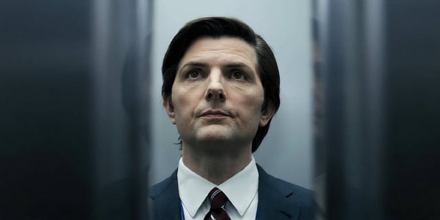 Adam Scott as Mark Scout in the elevator in Severance