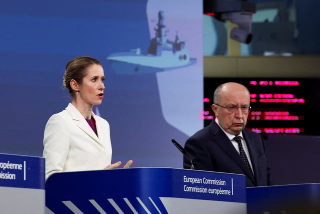 High Representative for Foreign Affairs and Security Policy and Vice-President of the European Commission Kaja Kallas and European Commissioner for Defense and Space Andrius Kubilius present the white paper on the future of European defence, in Brussels, Belgium March 19, 2025. REUTERS/Yves Herman/File Photo