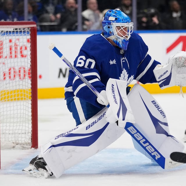 Mar 19, 2025; Toronto, Ontario, CAN; Toronto Maple Leafs goaltender Joseph Woll (60) defends the net against the Toronto Maple Leafs during the first period at Scotiabank Arena. Mandatory Credit: John E. Sokolowski-Imagn Images