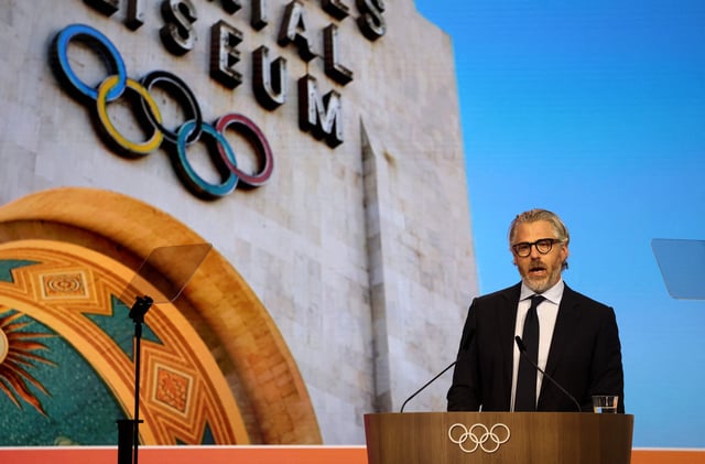 Olympics - 144th IOC Session including the election of IOC President - Costa Navarino, Pylos, Greece - March 20, 2025 Chairman of the 2028 Los Angeles Olympics organizing committee Casey Wasserman during the 144th IOC Session REUTERS/Louisa Gouliamaki