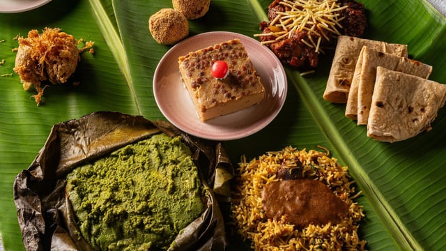 A traditional Parsi Navroz feast is eaten on a banana leaf 