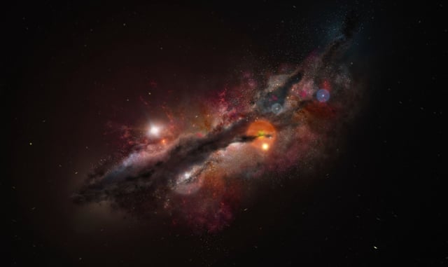 This is an artist’s impression of JADES-GS-z14-0, which as of today is the most distant confirmed galaxy. Galaxies in the early Universe tend to be clumpy and irregular. Supernova explosions in this galaxy would have spread heavy elements forged inside stars, like oxygen, which has been now detected with the Atacama Large Millimeter/submillimeter Array (ALMA).