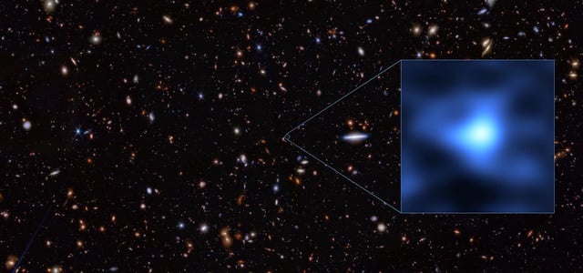 This image shows the precise location of the most distant known galaxy, called JADES-GS-z14-0, seen as an extremely tiny dot in the Fornax constellation.