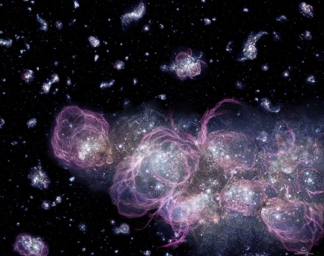 An artist's concept illustrates how the universe might have looked when it was less than 1 billion years old. Star formation voraciously consumed primordial hydrogen, churning out a multitude of stars.