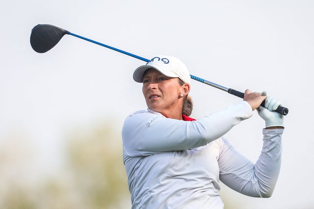 Aug 24, 2018; Regina, Saskatchewan, CAN; Angela Stanford plays her shot from the 13th tee during the second round of the Canadian Pacific Women's Open golf tournament at Wascana Country Club. Mandatory Credit: Sergei Belski-USA TODAY Sports/File Photo