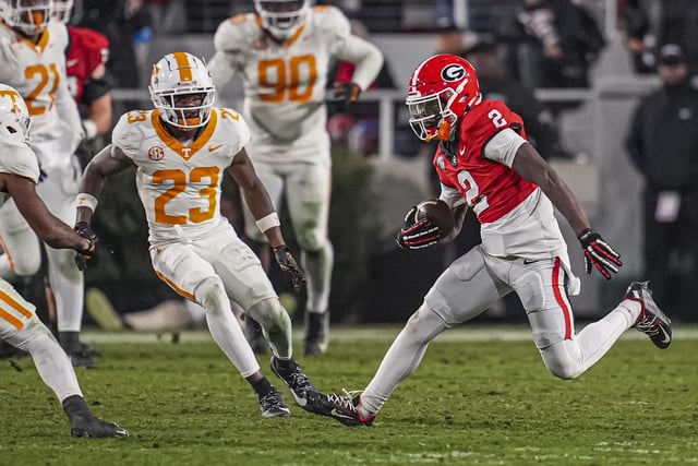 Nov 16, 2024; Athens, Georgia, USA; Georgia Bulldogs wide receiver Nitro Tuggle (2) runs after a catch against the Tennessee Volunteers during the second half at Sanford Stadium. Mandatory Credit: Dale Zanine-Imagn Images/File Photo