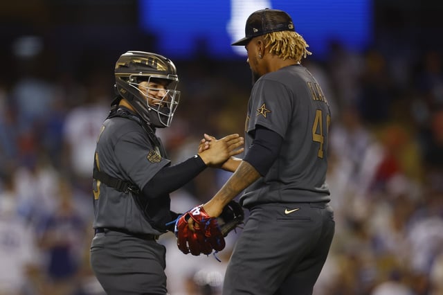 Emmanuel Clase #48 of the Cleveland Guardians celebrates with catcher Jose Trevino #39 of the New York Yankees after getting the final out against the National League giving the American League a 3-2 win during the 92nd MLB All-Star Game presented by Mastercard at Dodger Stadium on July 19, 2022 in Los Angeles, California.