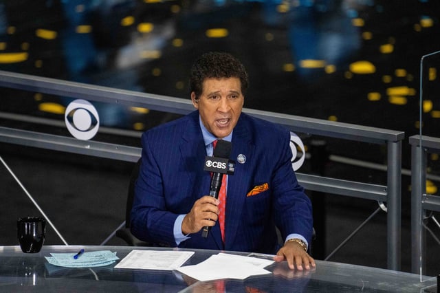 CBS announcer Greg Gumbel prior to the national championship game in the Final Four of the 2021 NCAA Tournament between the Gonzaga Bulldogs and the Baylor Bears at Lucas Oil Stadium.